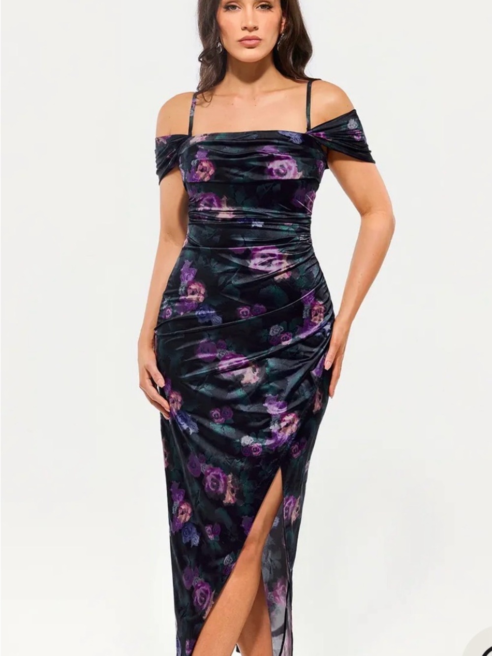 Nwt Popilush Shapewear Off Shoulder Shine Ruched Sculpting Maxi Dress Floral xxl